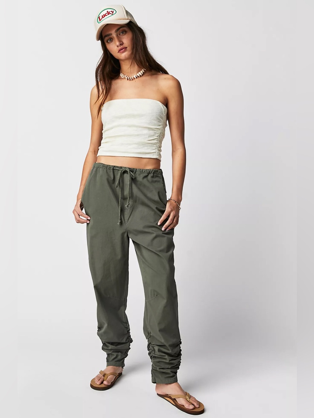 Free People New Light Parachute Pants Hunter Green Army Ruched Jogger Large NWT
